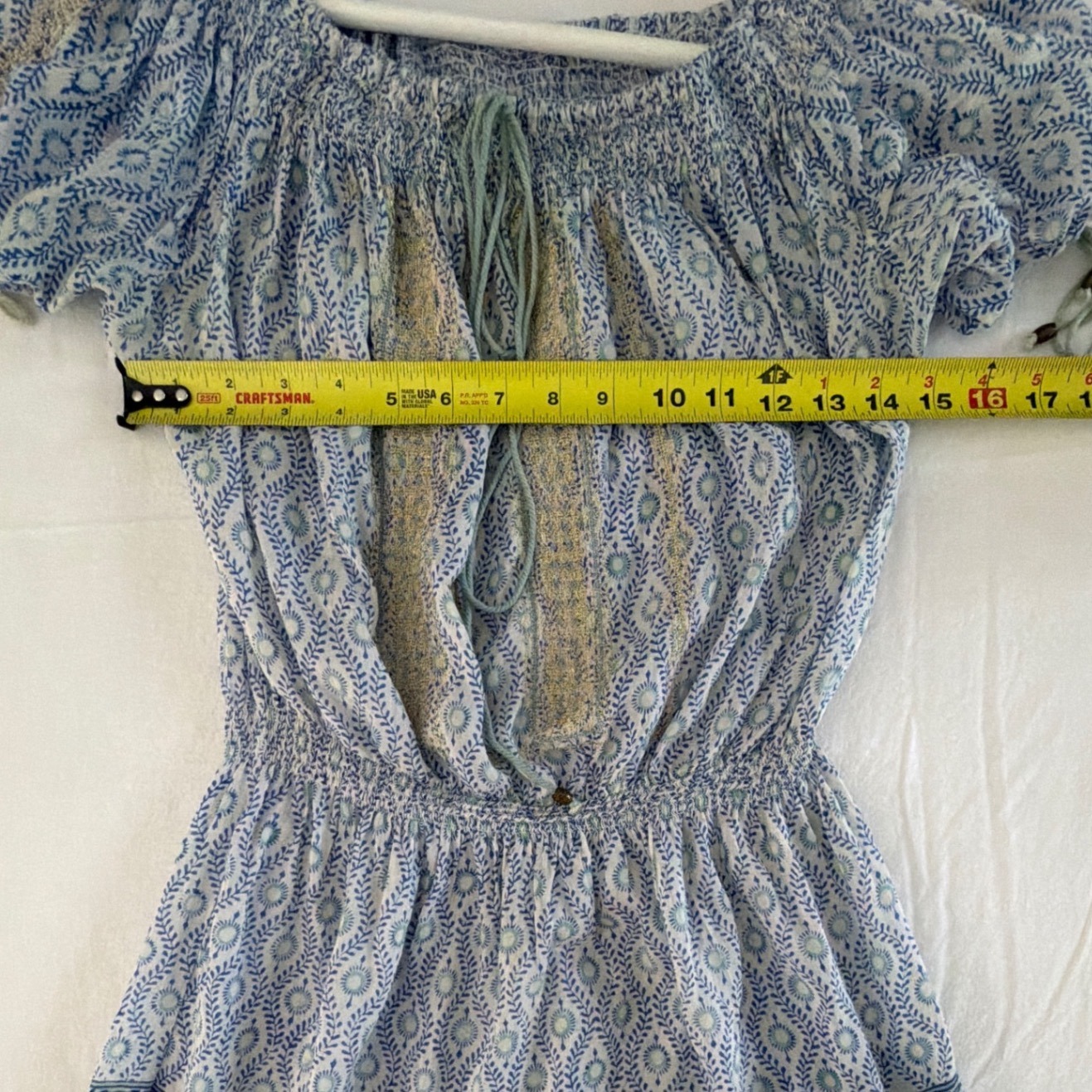 Bell By Alicia Bell Blue White Silk Cotton Block Print Smocked Mini Dress S — image 7 of 8